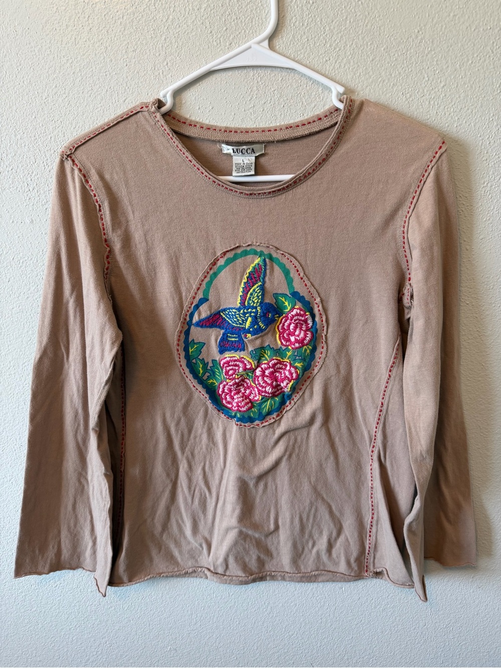 Lucca Vintage Boho Hippie Embroidered Long Sleeve Top Floral Bird 90s Retro